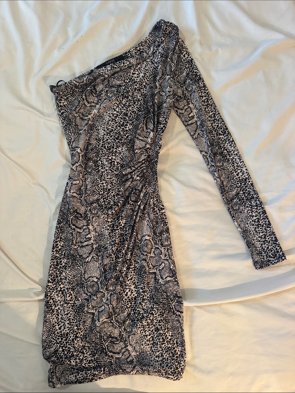 Guess One-Shoulder Snake-Print Dress in Black and Cream